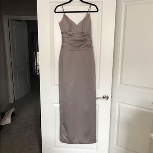 Taupe satin-style gown. Perfect for bridesmaids!